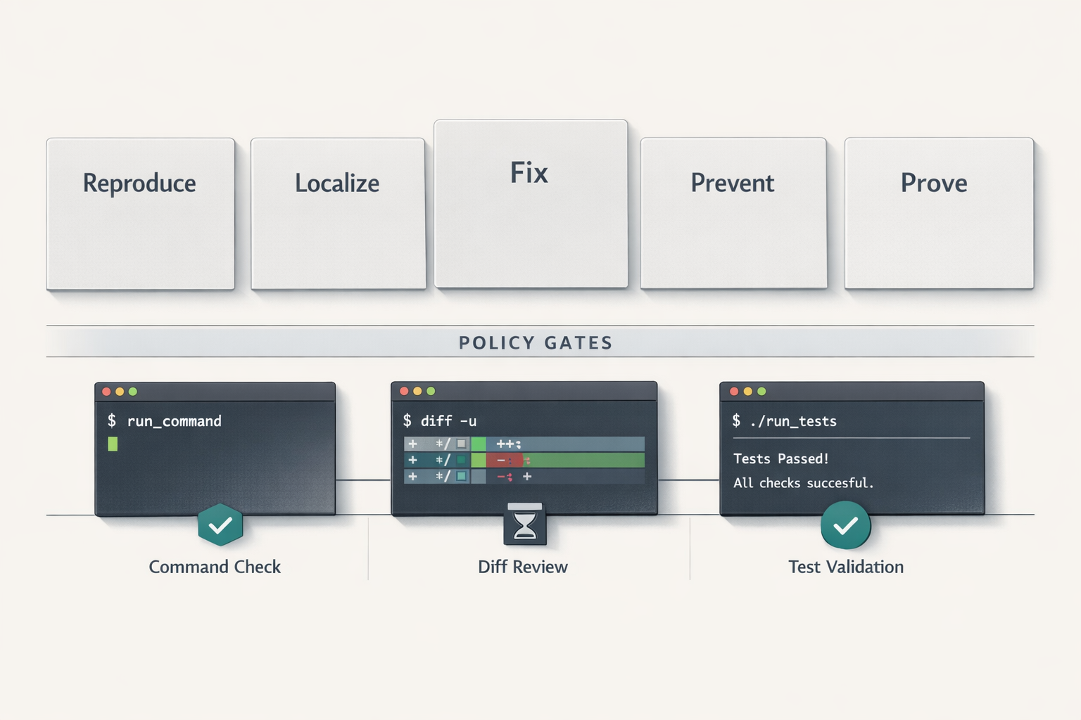 Precision workspace infographic with evidence cards and macOS terminal tiles showing the efix protocol and policy gates