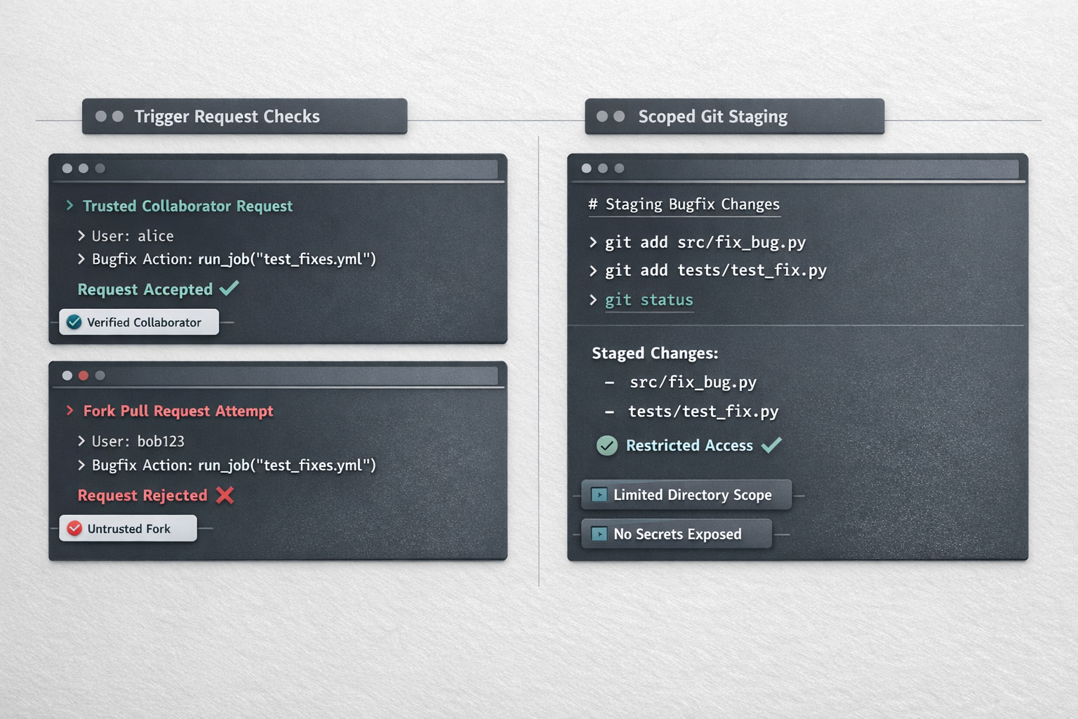 Precision workspace trust-model visual showing collaborator checks, fork pull request rejection, and scoped git staging behavior